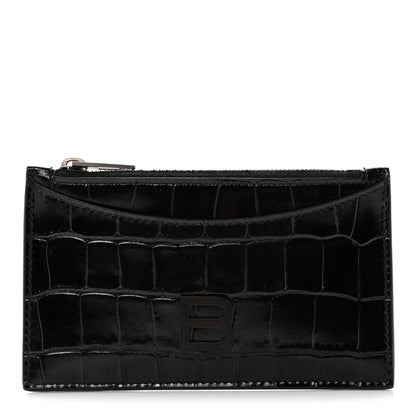 Balenciaga Shiny Calfskin Monochrome Crocodile Embossed Hourglass Long Coin Case Card Holder Black 1 of 7