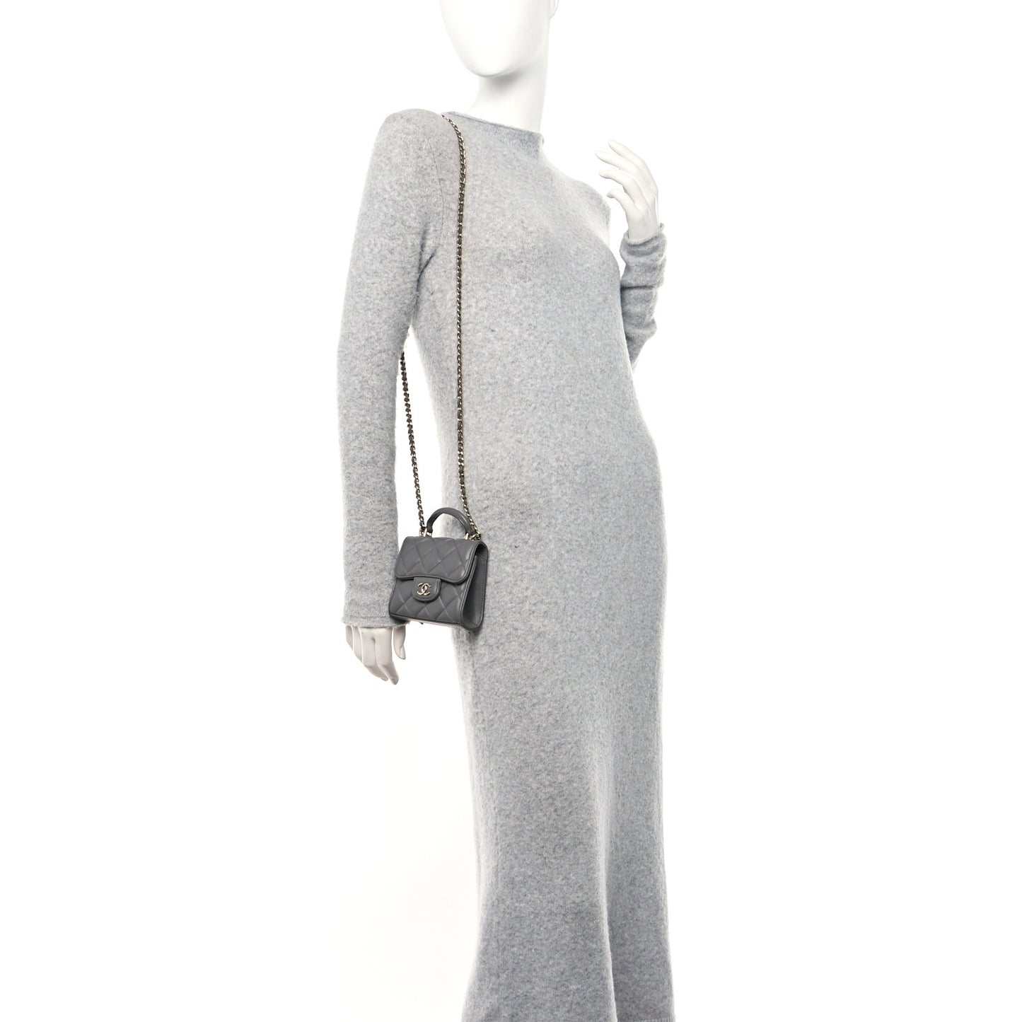 Lambskin Quilted Top Handle Flap Clutch With Chain Grey