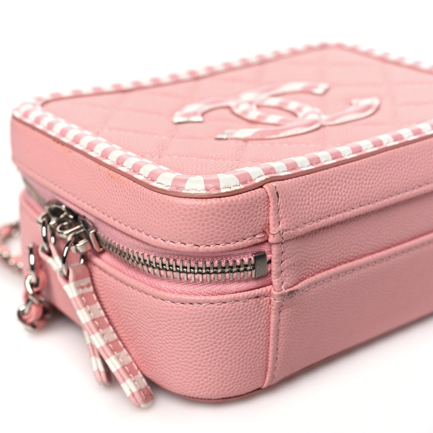 Caviar Quilted Striped Small CC Filigree Vanity Case Pink White
