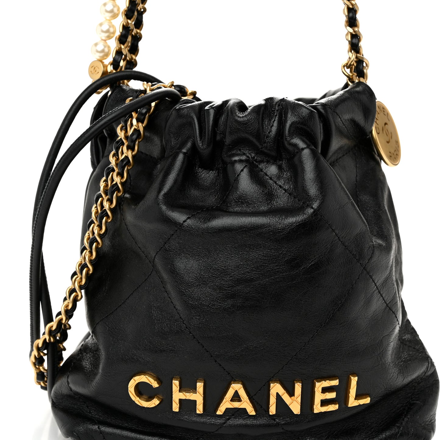 Shiny Crumpled Calfskin Quilted Pearl Mini Chanel 22 Black