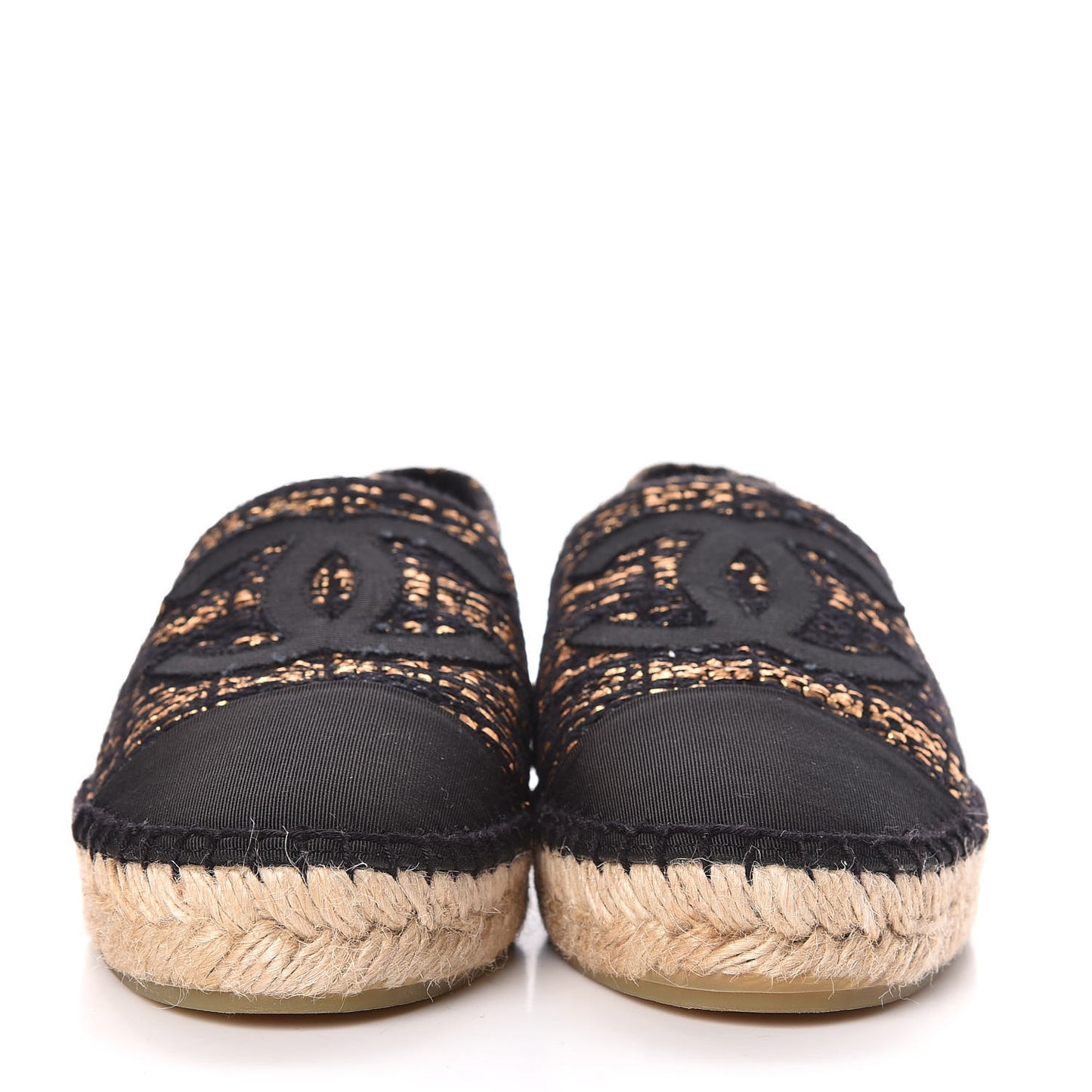 Metallic Tweed Grosgrain CC Espadrilles 39 Black Gold