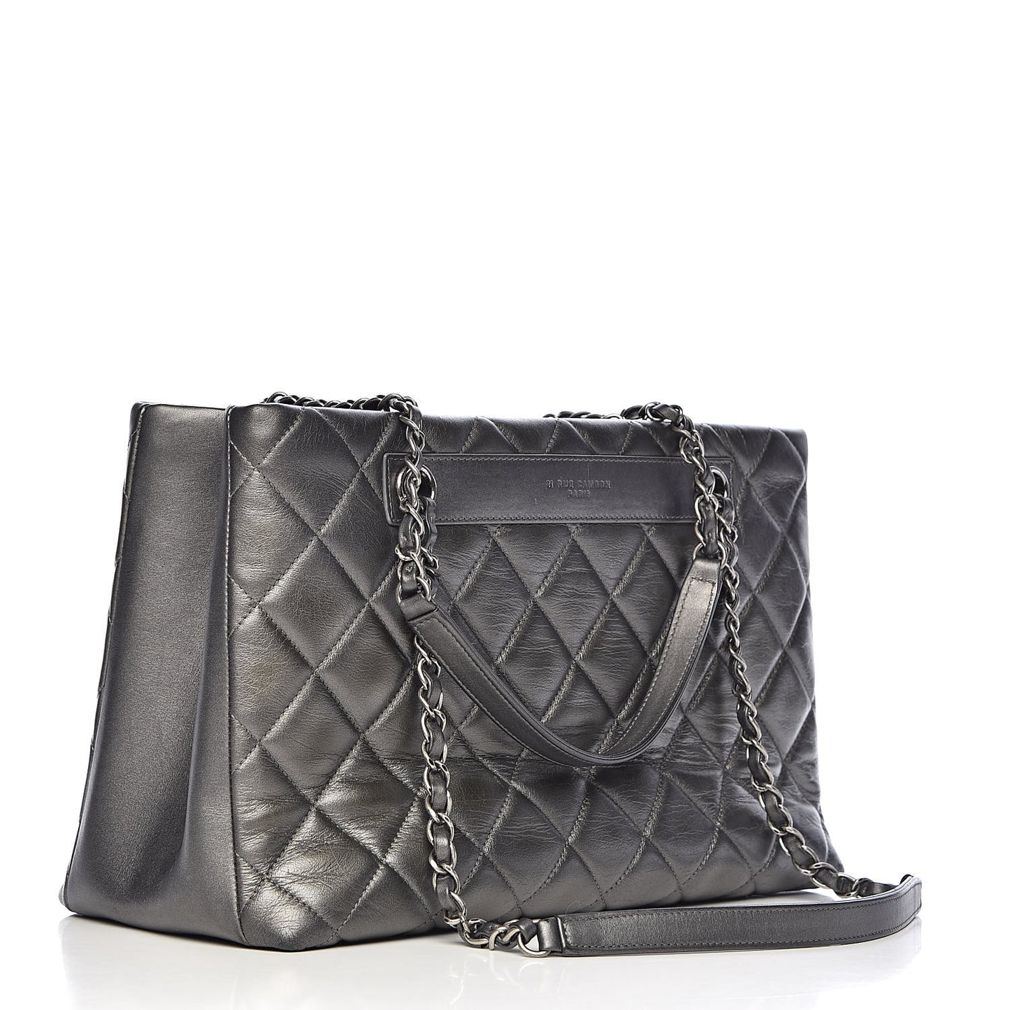 Metallic Lambskin Quilted Small Trendy CC Shopping Tote Grey