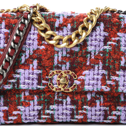 Chanel Tweed Quilted Large Chanel 19 Flap Red Purple Green 8 of 11