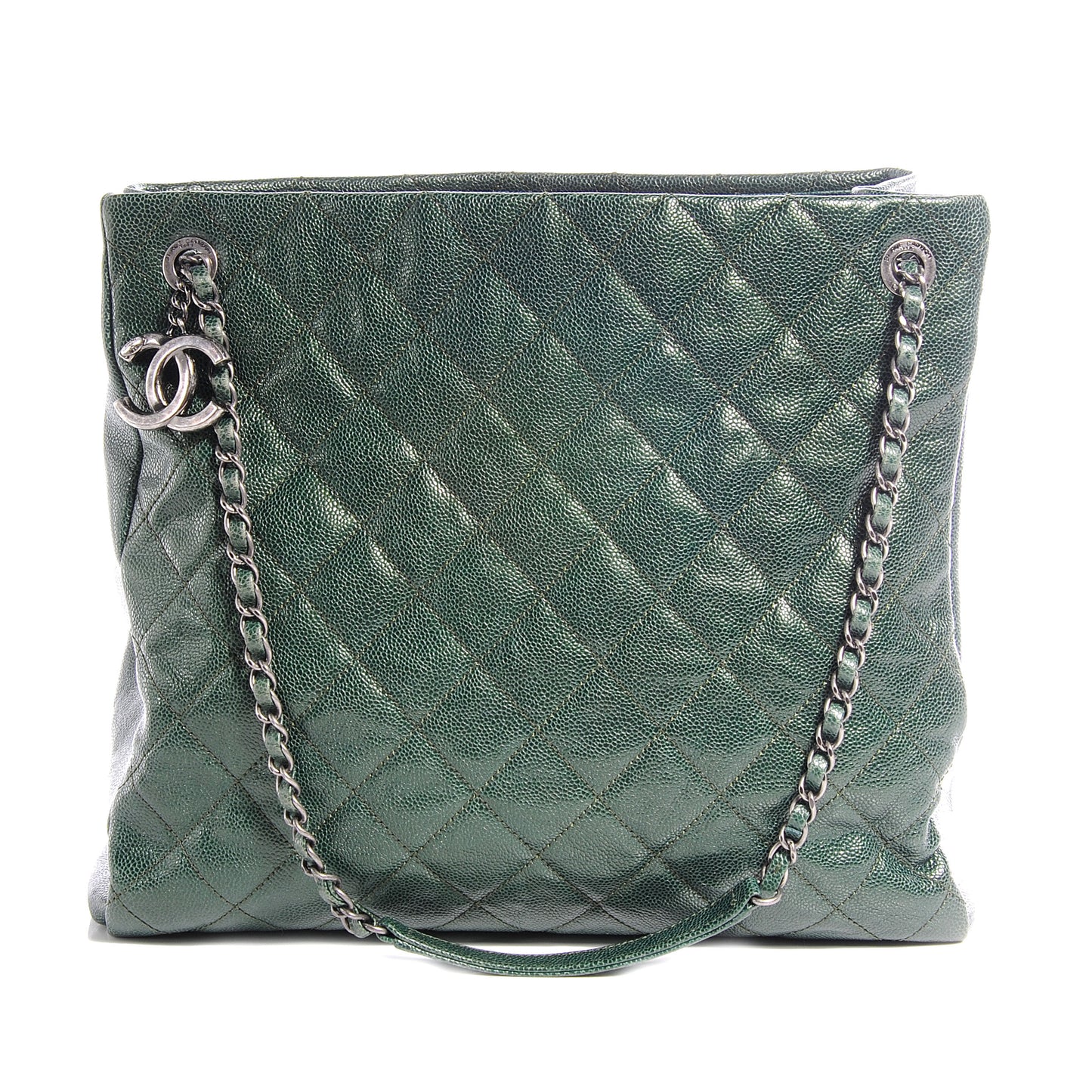Iridescent Caviar Quilted Tall Chic Shopping Tote Dark Green