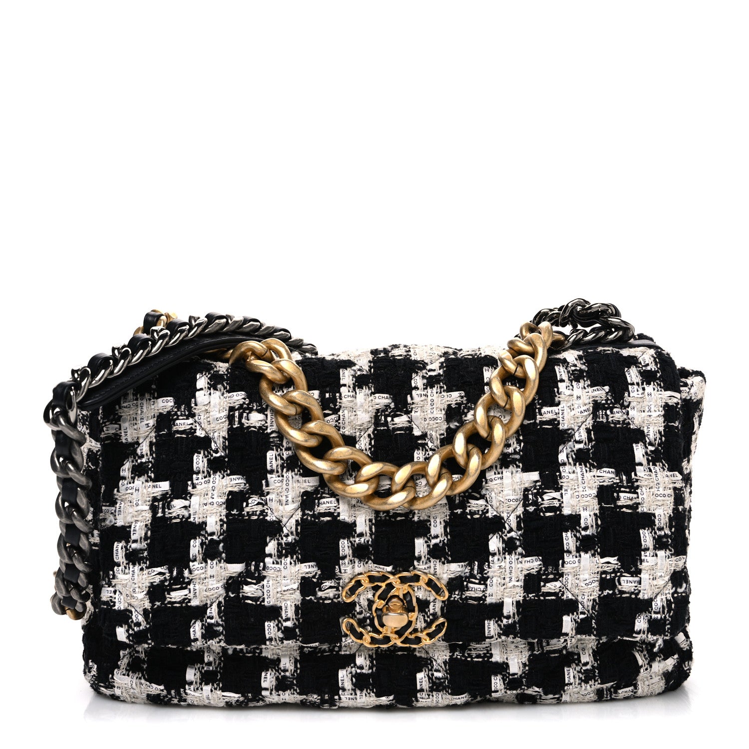 Chanel Tweed Quilted Large Chanel 19 Flap Black Ecru White 1 of 9