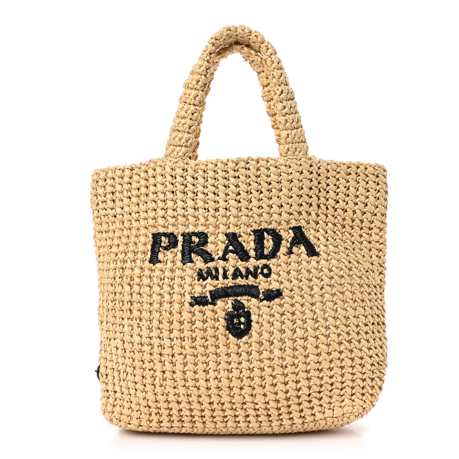 Prada Yarn Raffia Effect Crochet Embroidered Small Logo Tote Naturale 1 of 10
