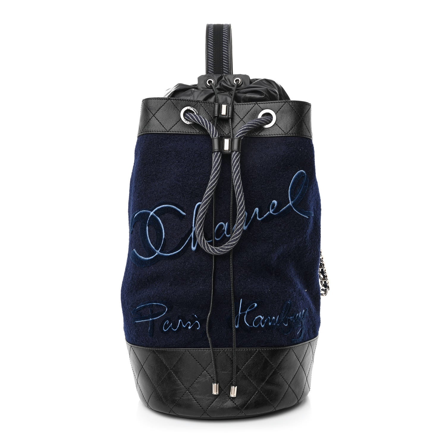 Chanel Wool Calfskin Embroidered Paris Hamburg Drawstring Backpack Navy Blue 1 of 10