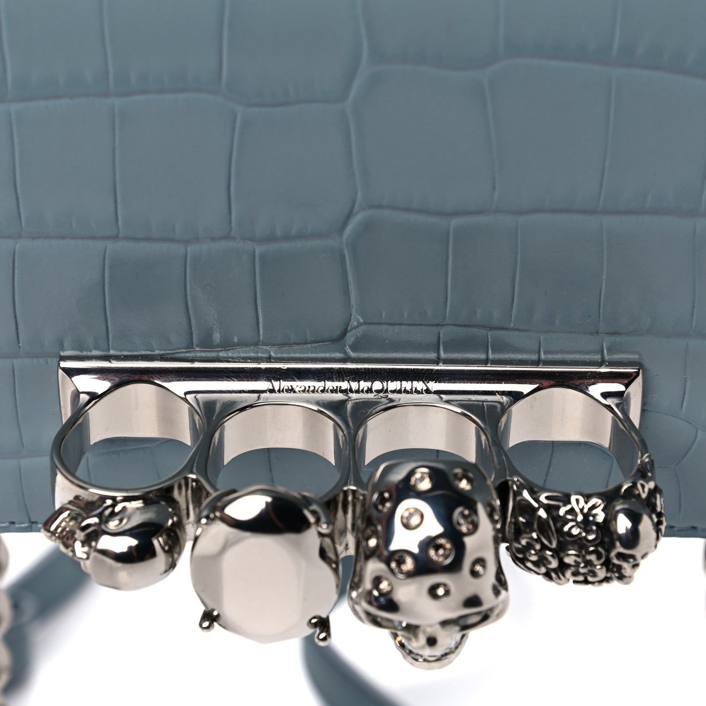 Shiny Crocodile Embossed Jeweled Satchel Blue Grey