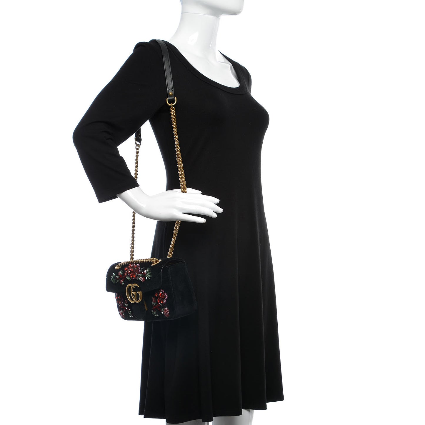 Velvet Matelasse Embroidered Mini GG Marmont Shoulder Bag Black