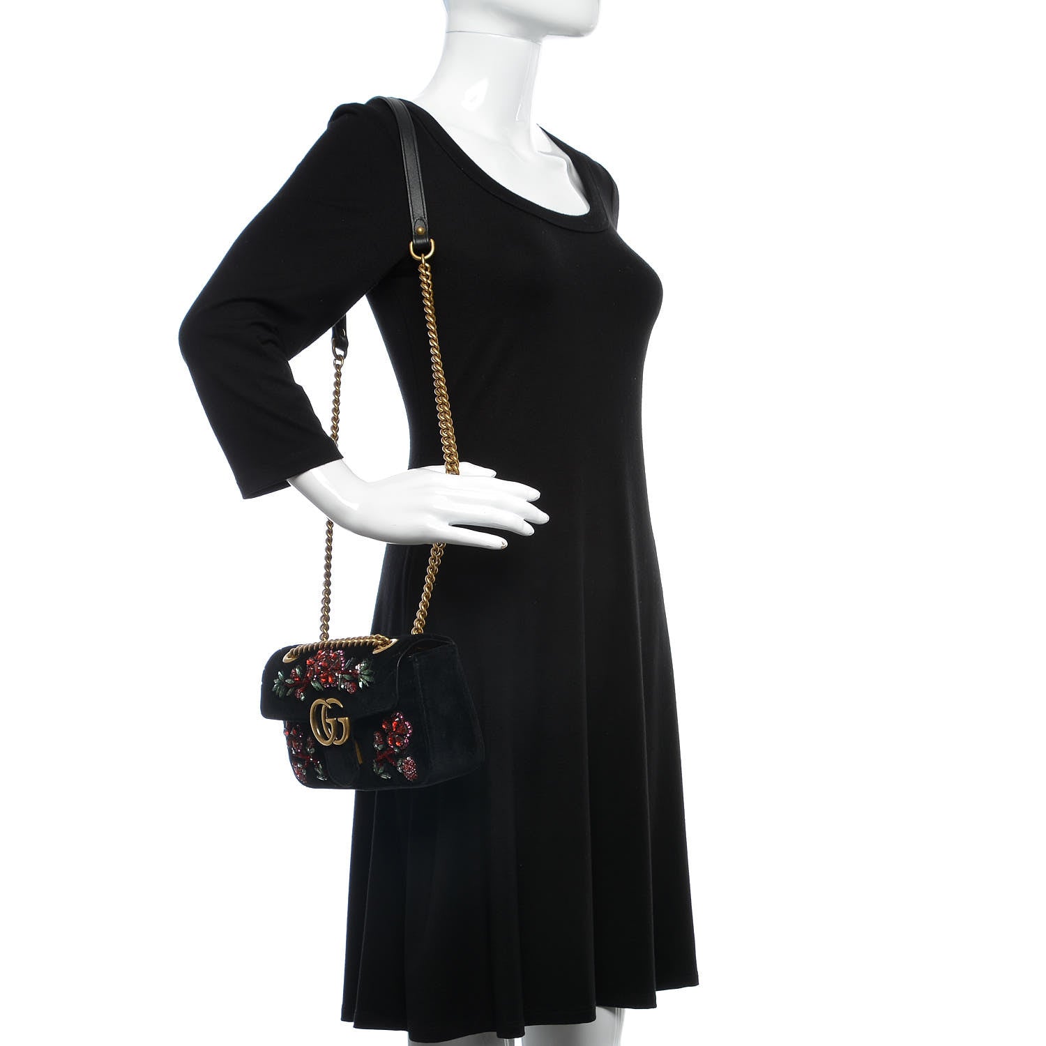 Gucci Velvet Matelasse Embroidered Mini GG Marmont Shoulder Bag Black 2 of 8