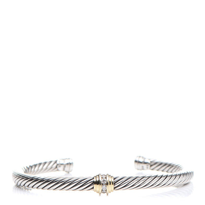 David Yurman Sterling Silver 18K Yellow Gold Diamond 5mm Cable Classics Single Station Bracelet M 1 of 6