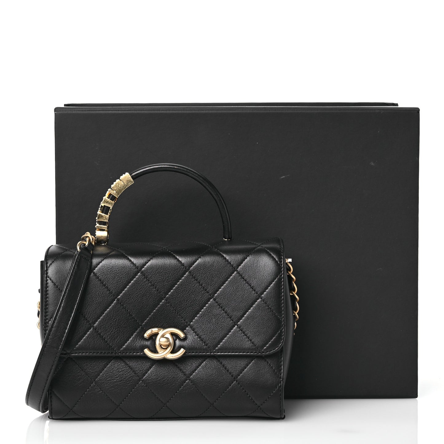 Lambskin Stitched Pearl Logo Top Handle Flap Black