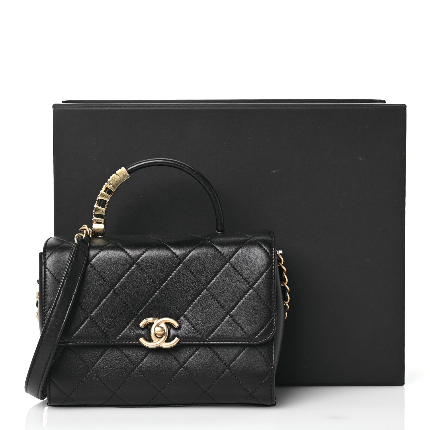 Chanel Lambskin Stitched Pearl Logo Top Handle Flap Black 12 of 12