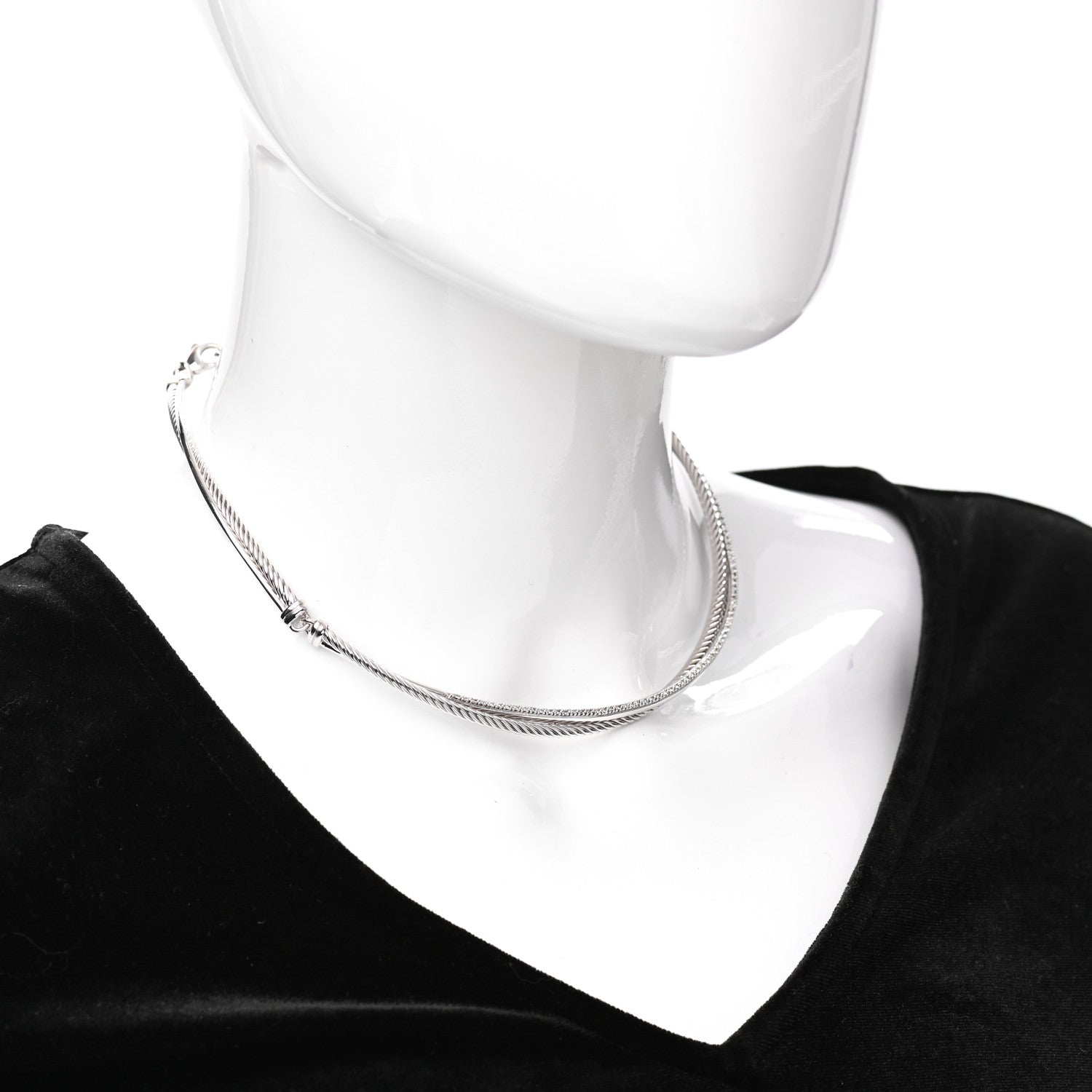 David Yurman Sterling Silver 14K White Gold Diamond Crossover Cable Choker Necklace 2 of 3