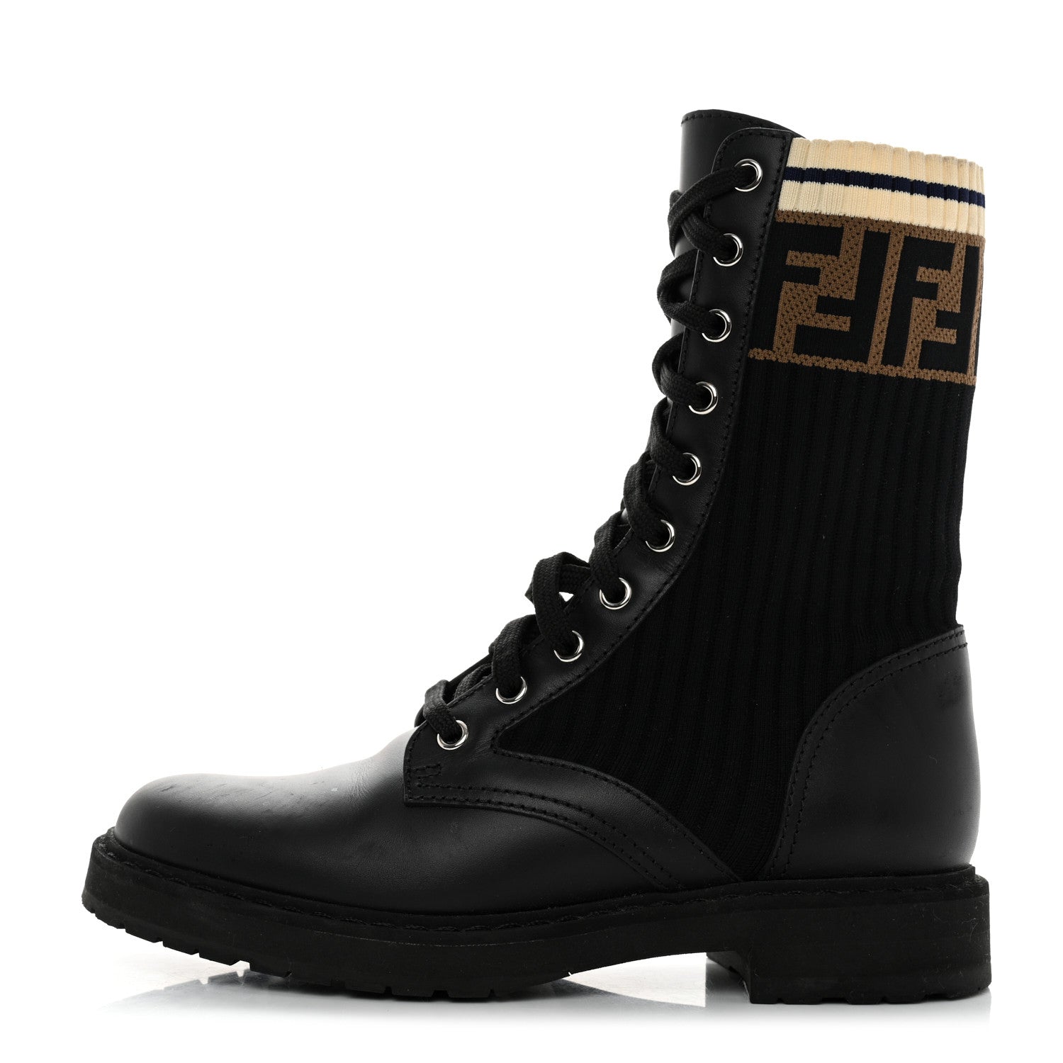 Fendi Calfskin Stretch Fabric Rockoko Biker Boots 36.5 Tobacco Black Marino 1 of 8