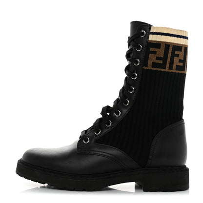 Fendi Calfskin Stretch Fabric Rockoko Biker Boots 36.5 Tobacco Black Marino 1 of 8