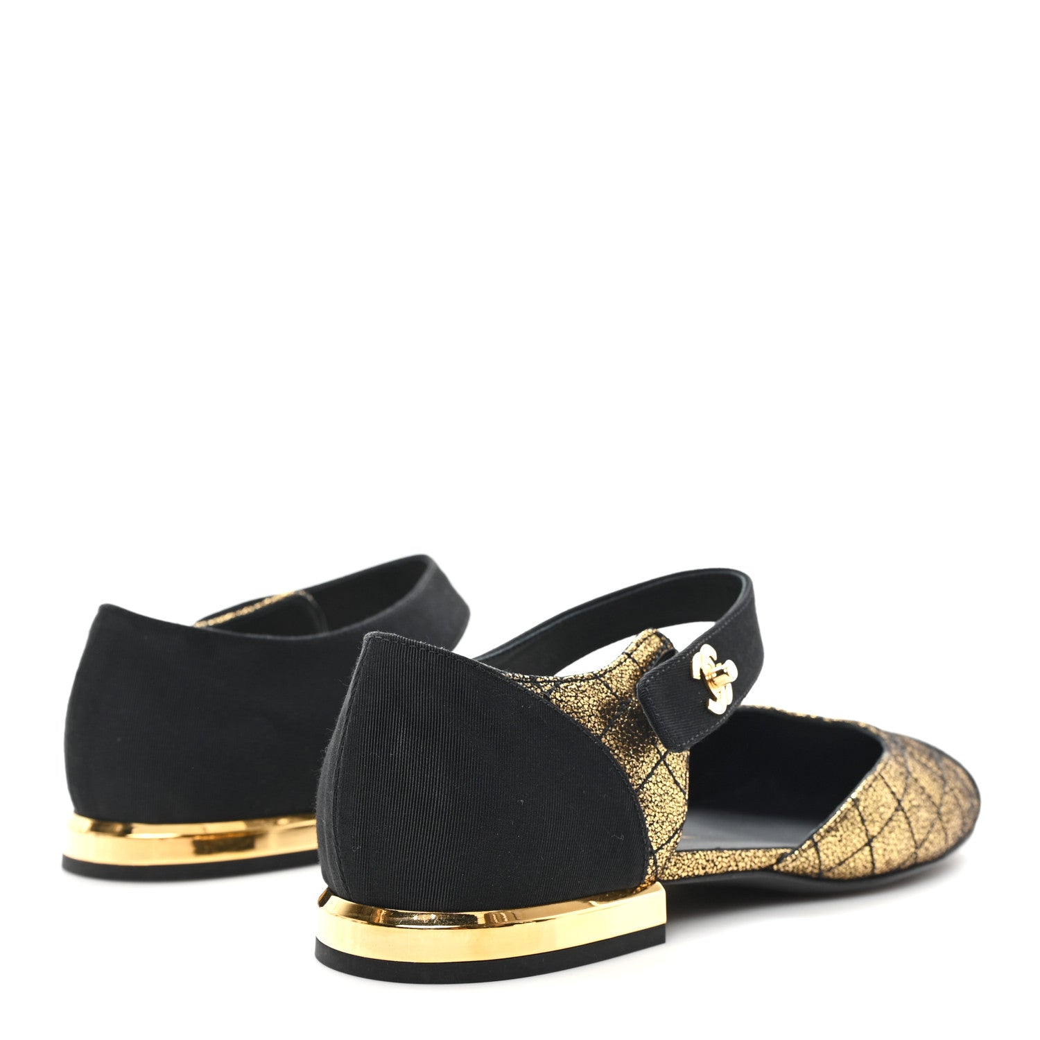 Chanel Laminated Suede Kidskin Grosgrain Quilted Cap Toe Ballerina Flats 36.5 Gold Black 9 of 20