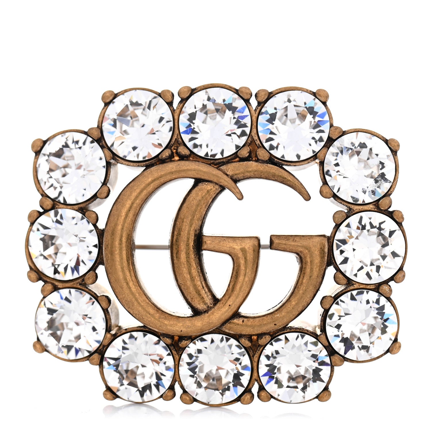 Gucci Metal Crystal Double G Brooch Aged Gold 1 of 4