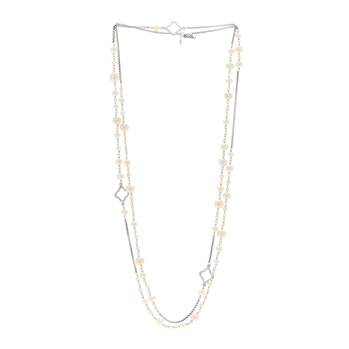 Sterling Silver Pearl 7.5mm Quatrefoil Long Chain Necklace