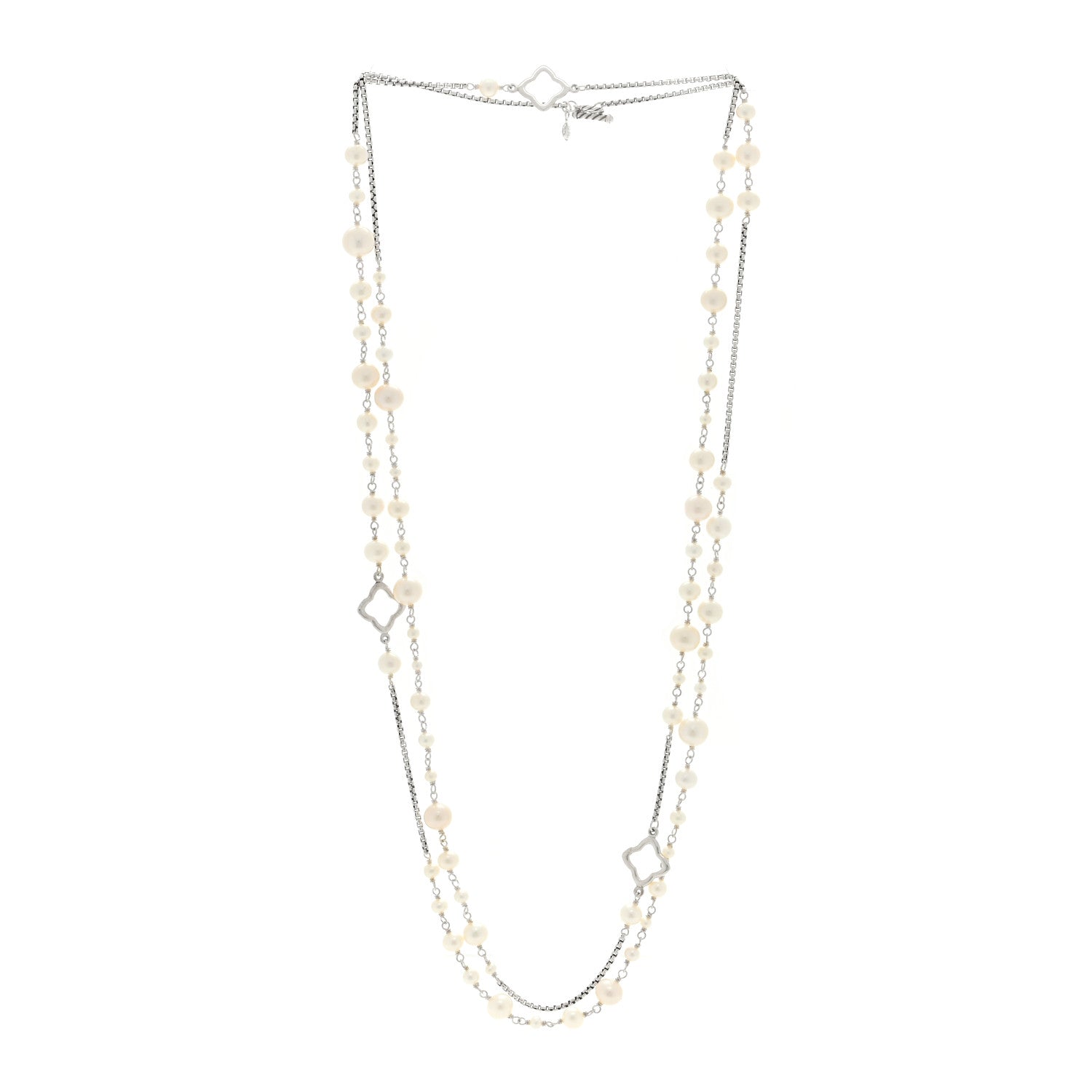 David Yurman Sterling Silver Pearl 7.5mm Quatrefoil Long Chain Necklace 3 of 4