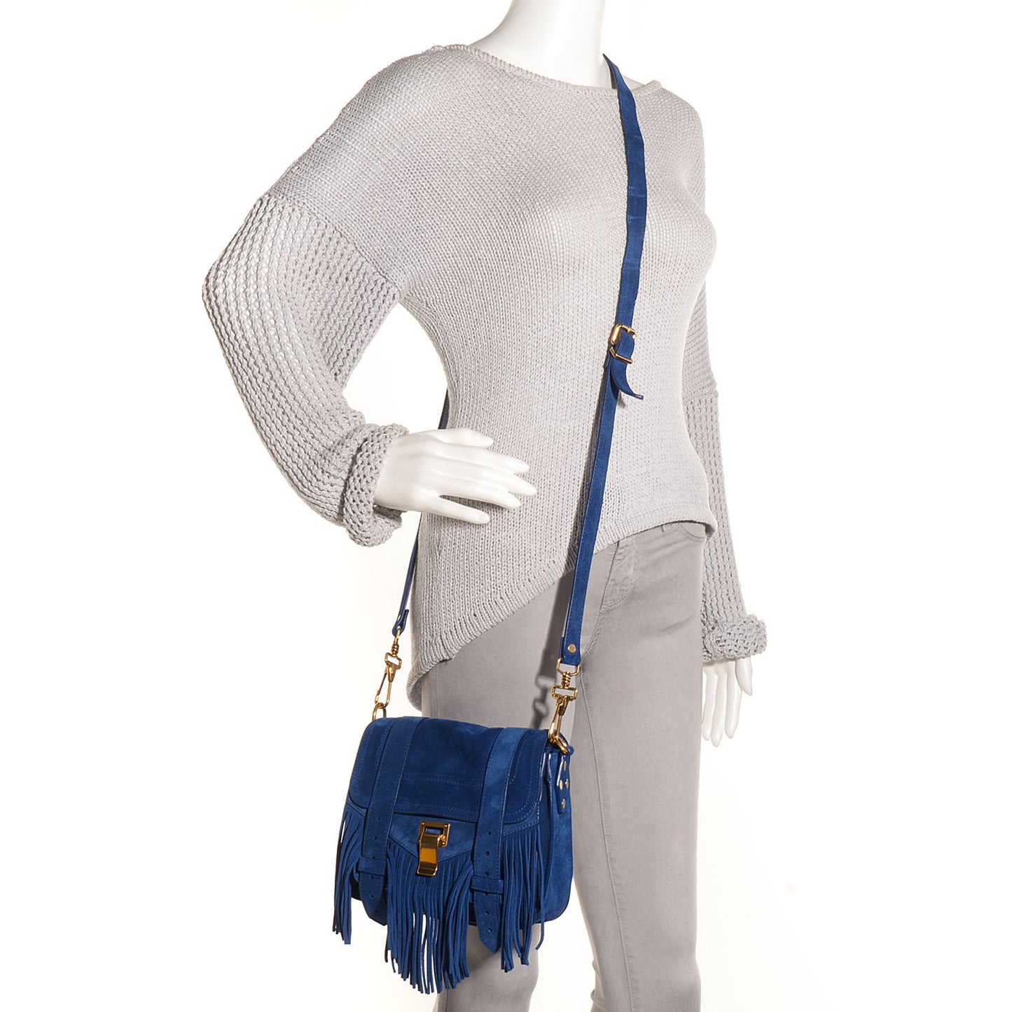 Suede Fringed PS1 Crossbody Pouch Cadet Blue