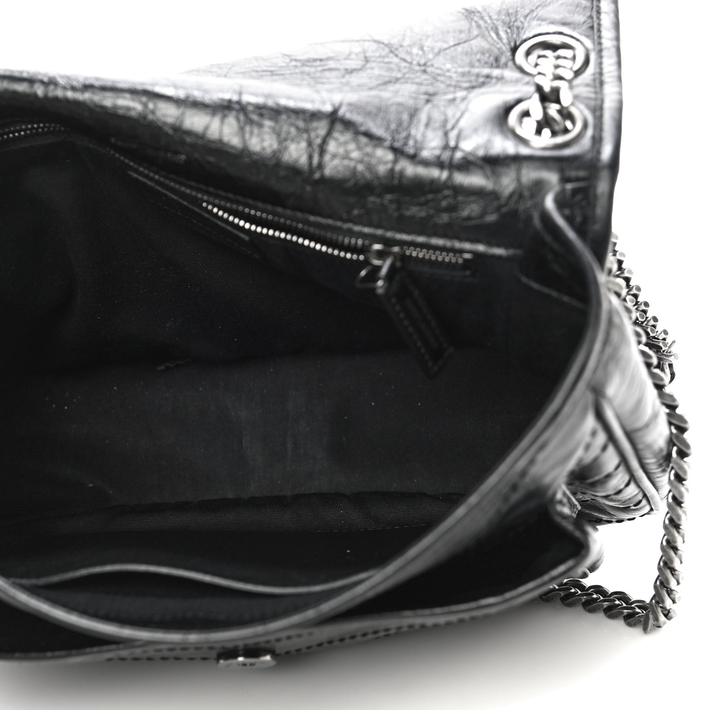 Crinkled Calfskin Matelasse Monogram Medium Niki Chain Satchel Black