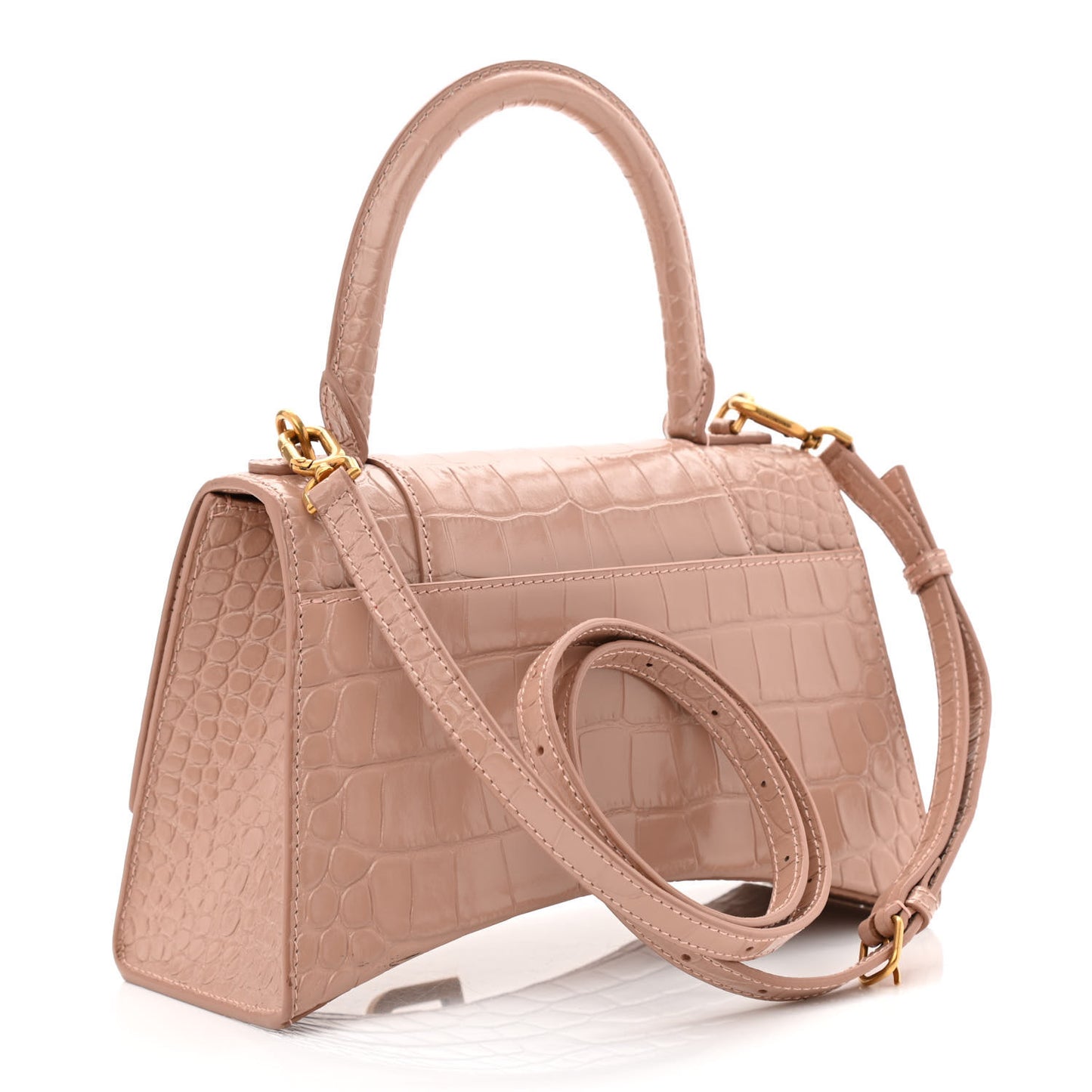Shiny Calfskin Crocodile Embossed Small Hourglass Top Handle Bag Nude Beige