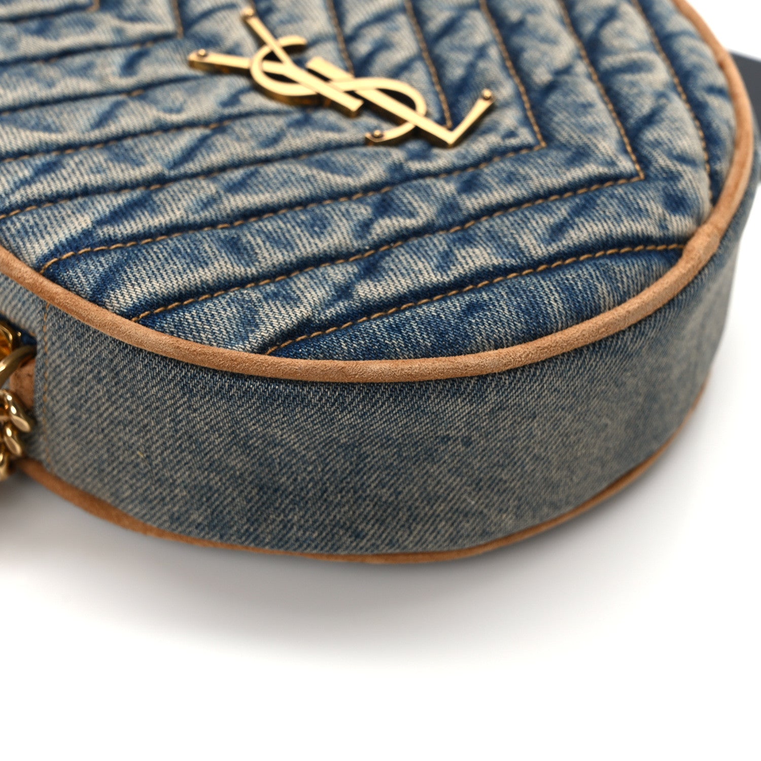 Saint Laurent Denim Matelasse Chevron Quilted Round Vinyle Camera Bag Rodeo Blue Cinnamon 11 of 13