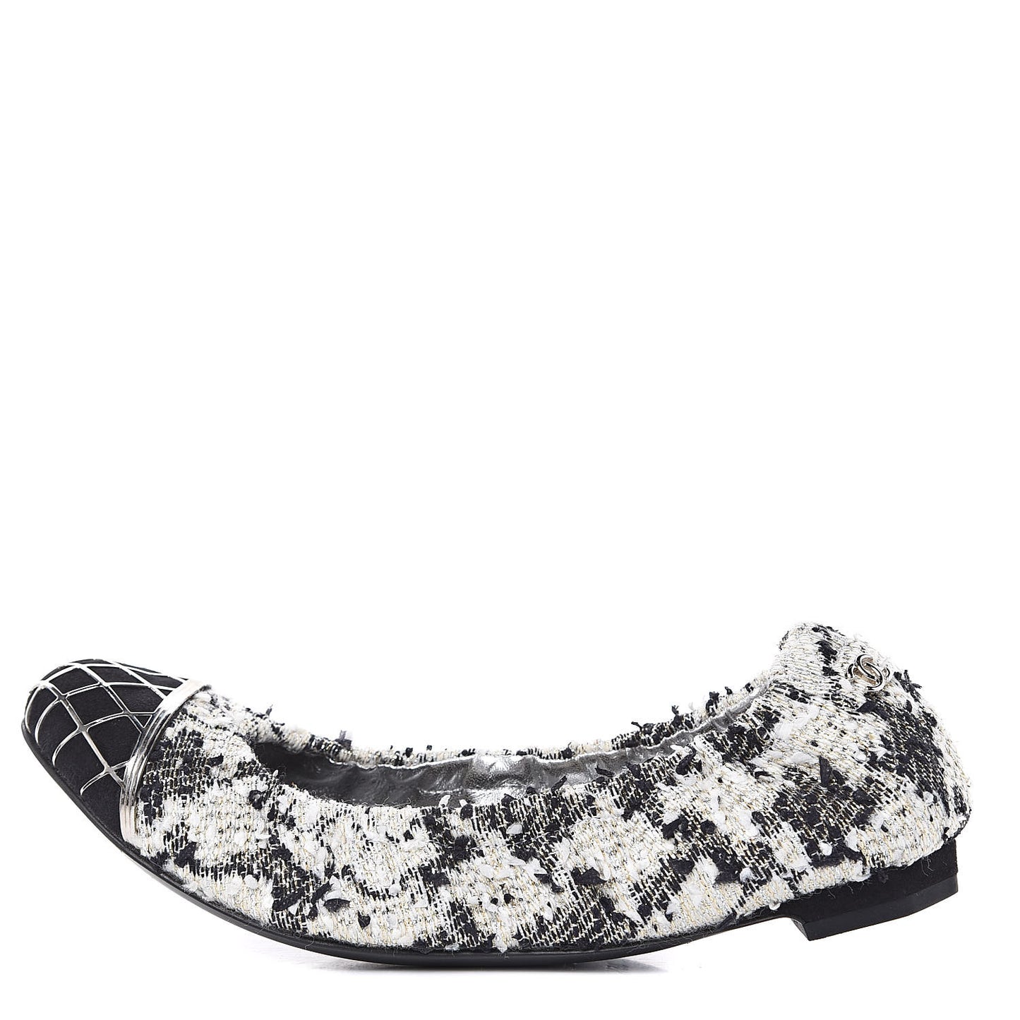 Tweed CC Elastic Cap Toe Ballerina Flats 35.5 Ecru Black Argent