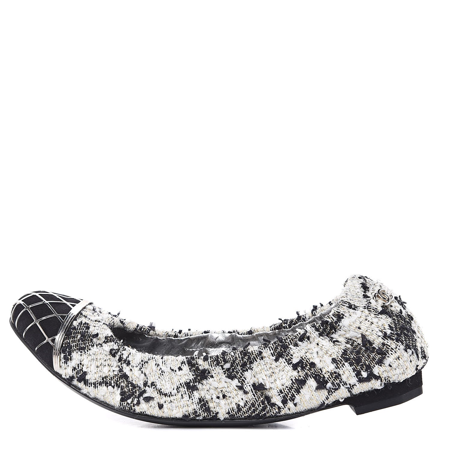 Chanel Tweed CC Elastic Cap Toe Ballerina Flats 35.5 Ecru Black Argent 1 of 9