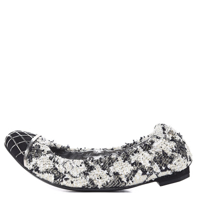 Chanel Tweed CC Elastic Cap Toe Ballerina Flats 35.5 Ecru Black Argent 1 of 9