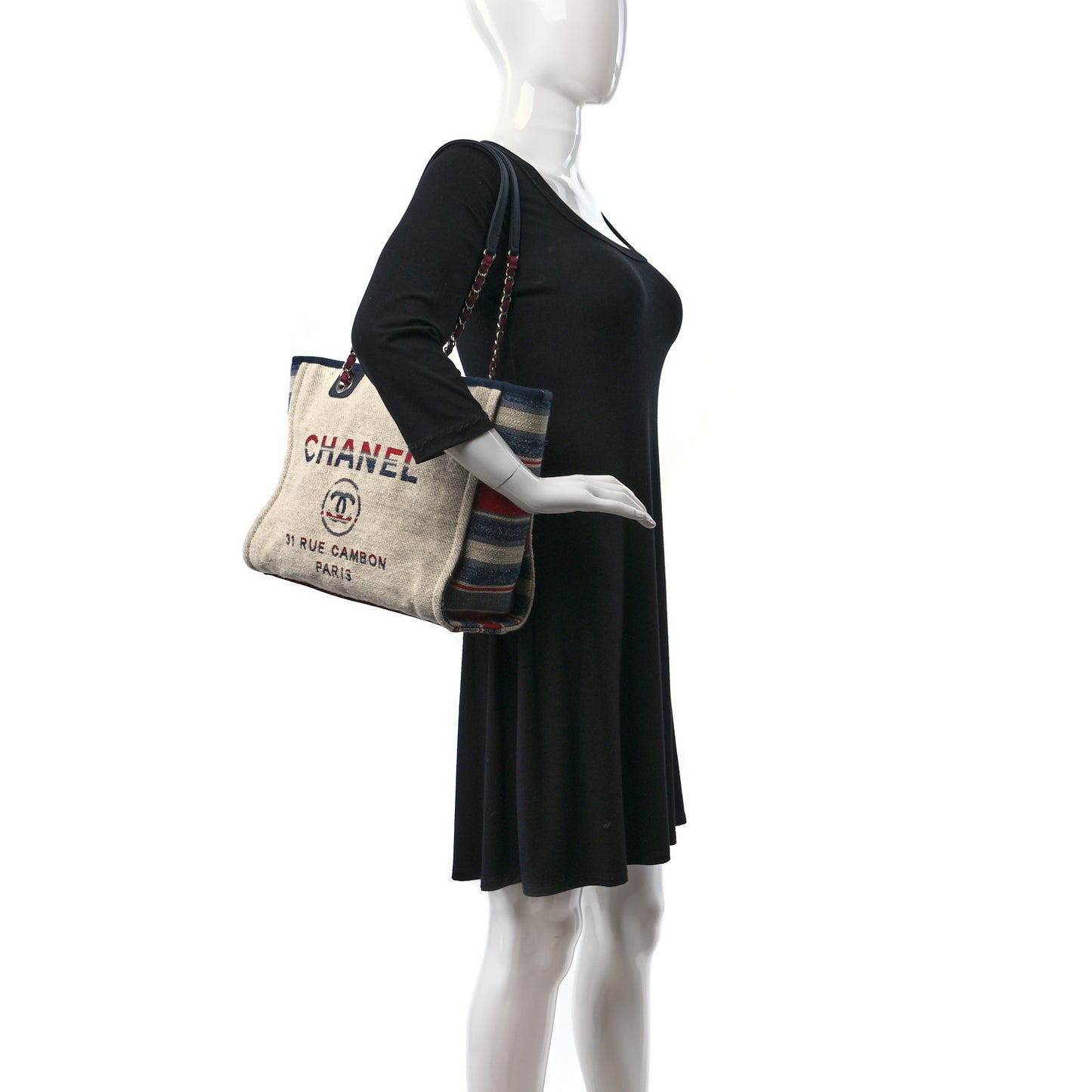 Striped Canvas Small Deauville Tote Beige