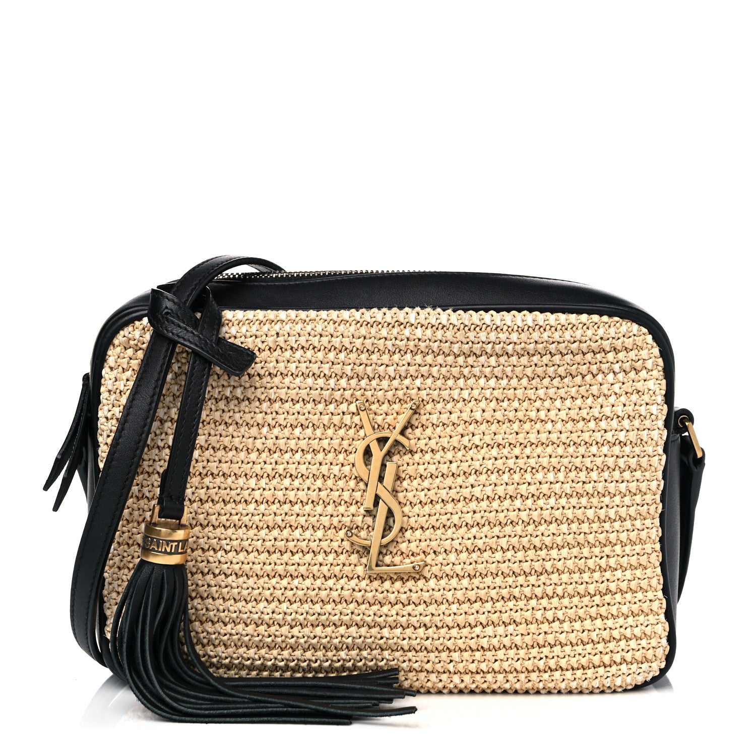 Saint Laurent Raffia Canvas Monogram Lou Camera Bag Beige Black 1 of 12