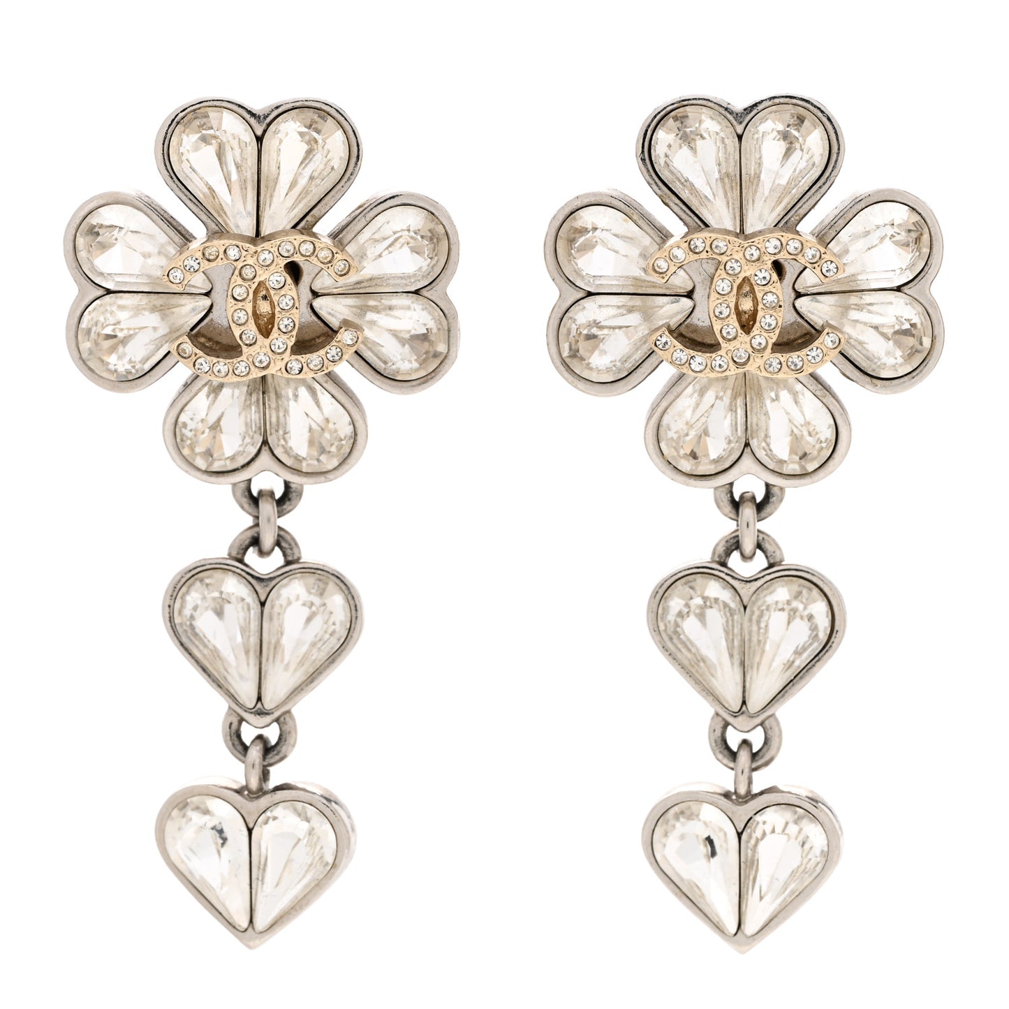 Crystal CC Clover Heart Drop Earrings Silver Gold