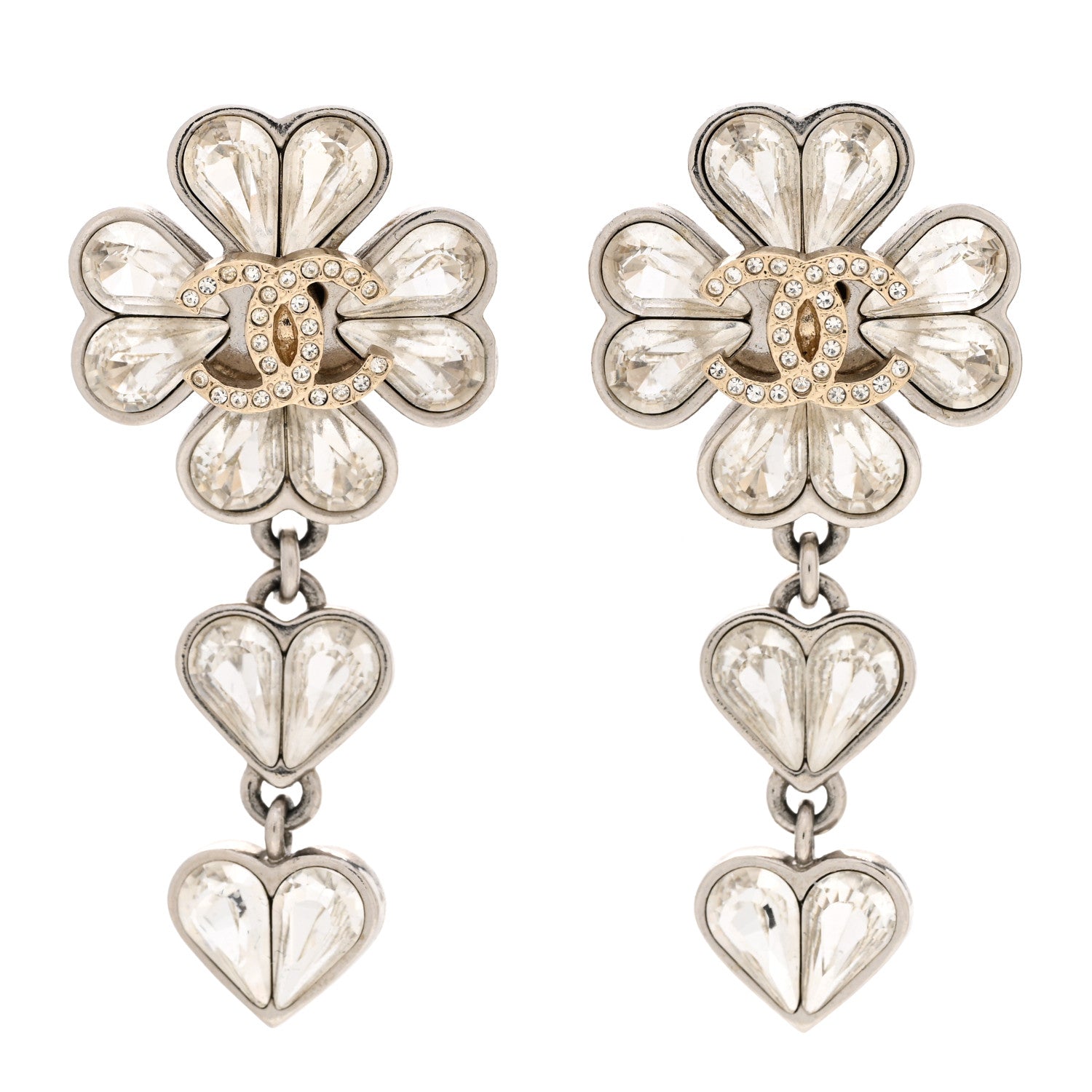 Chanel Crystal CC Clover Heart Drop Earrings Silver Gold 1 of 6