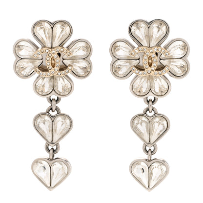 Chanel Crystal CC Clover Heart Drop Earrings Silver Gold 1 of 6