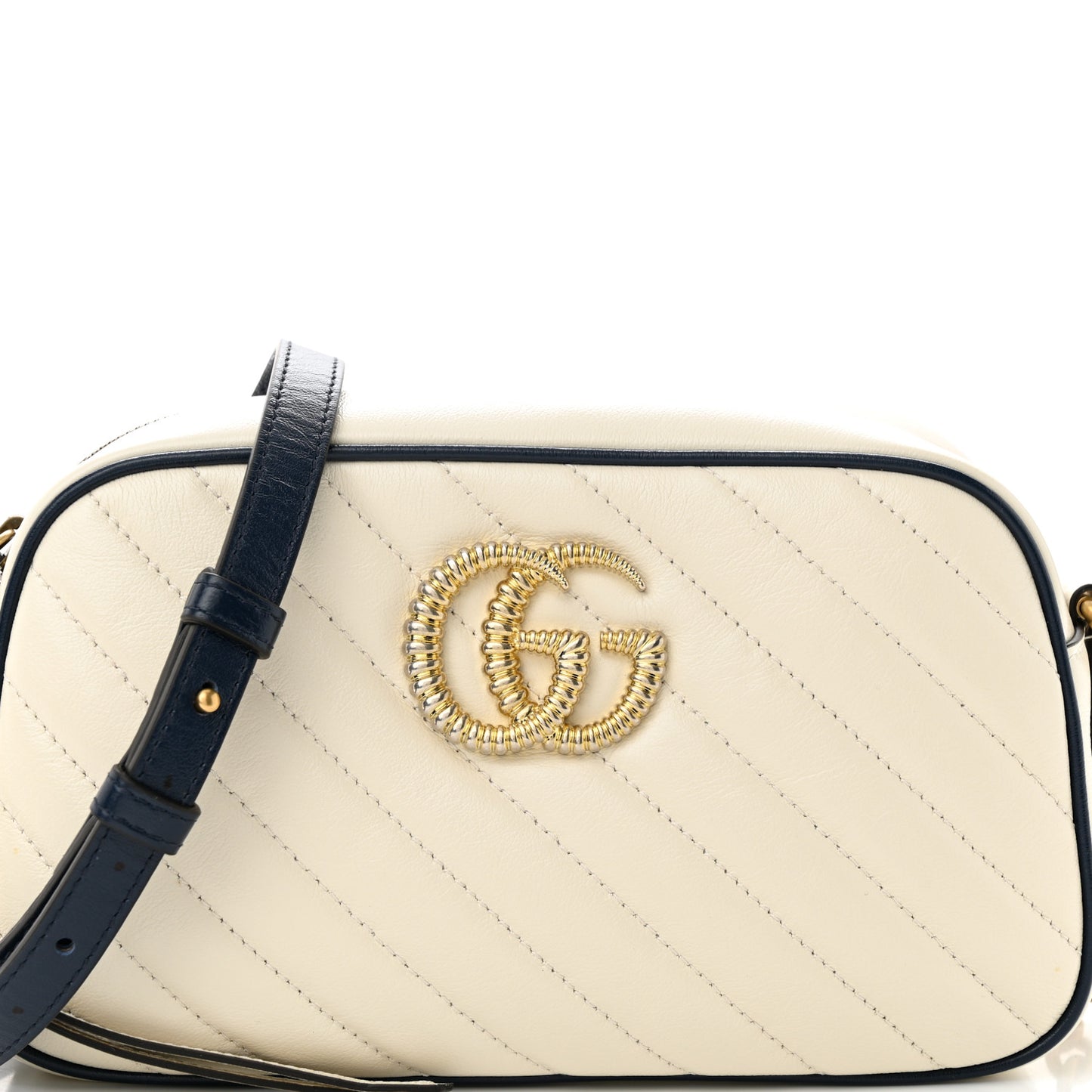 Vintage Effect Calfskin Matelasse Diagonal Small Torchon GG Marmont Chain Shoulder Bag Mystic White Blue Agata