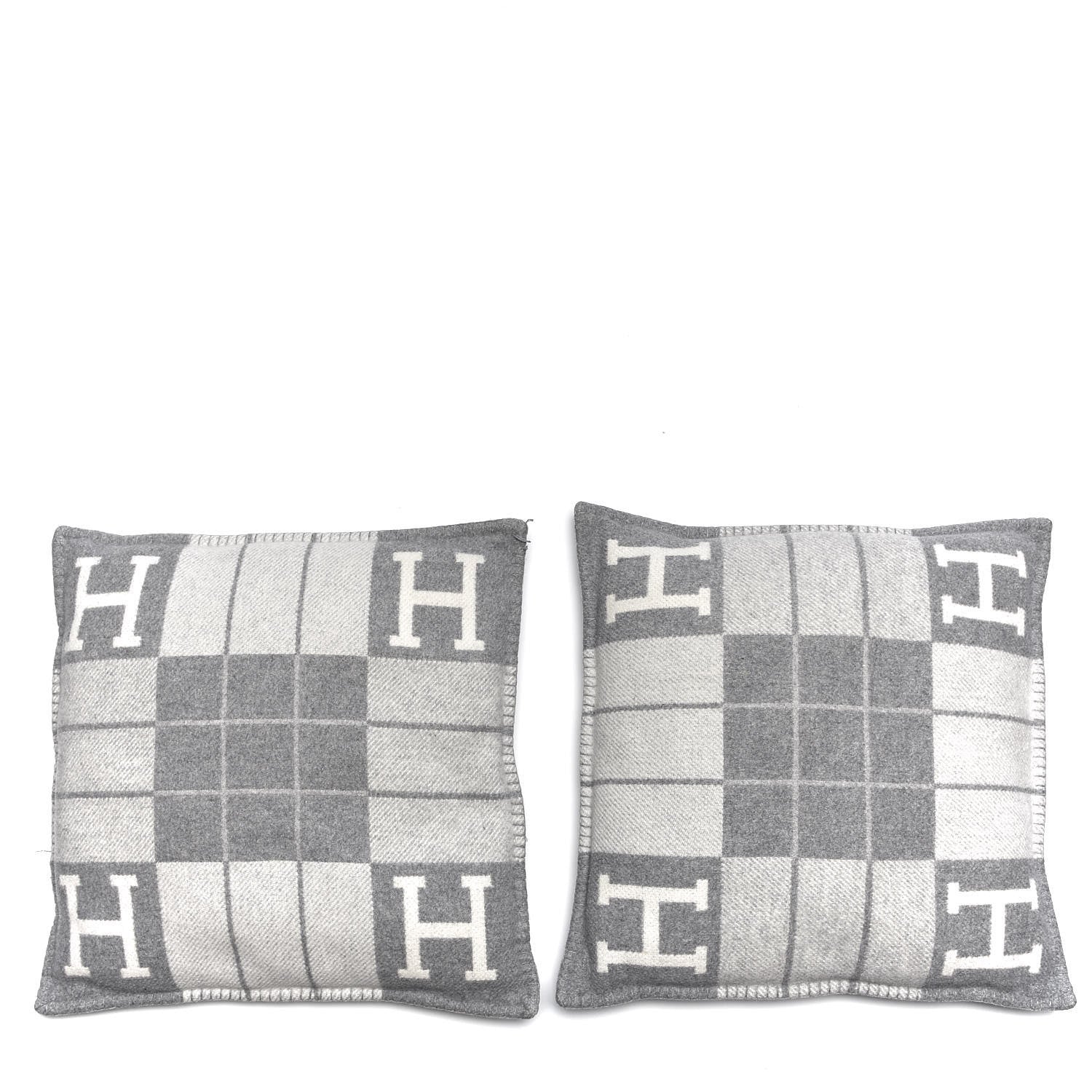 Hermes Wool Cashmere Avalon III Pillow PM Set of 2 Ecru Gris Clair 1 of 7