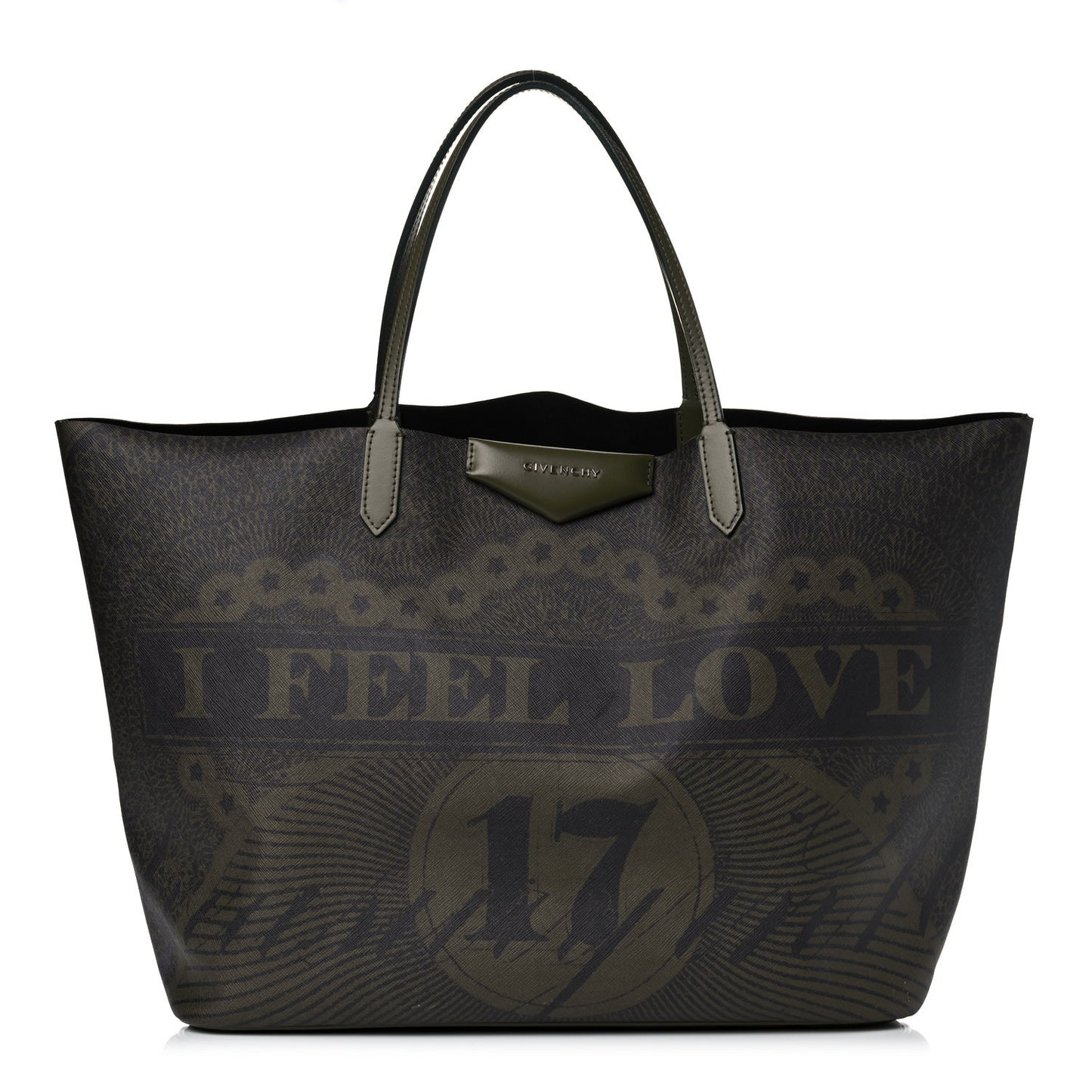 Textured Coated Canvas I Feel Love Print Large Antigona Tote Green