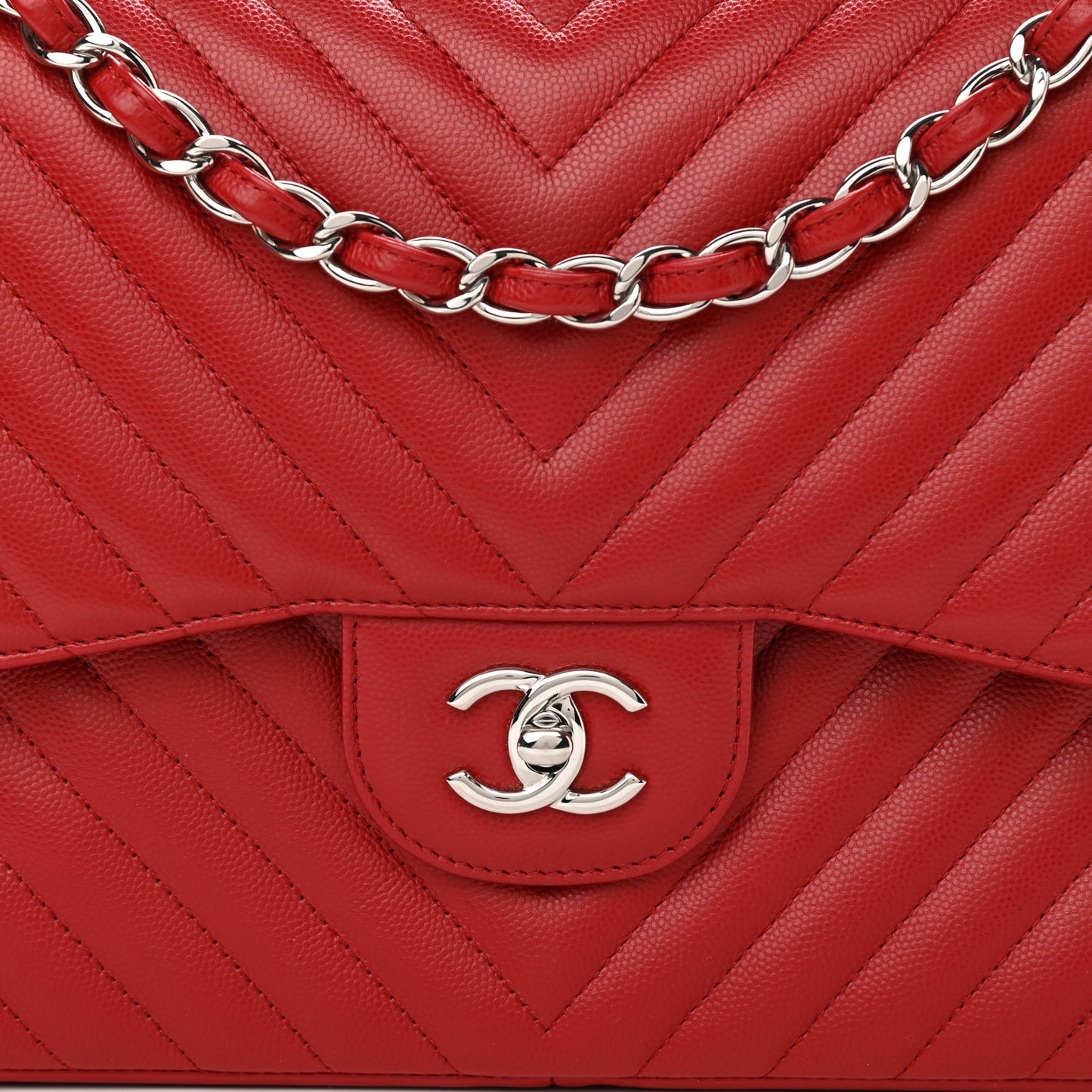 Caviar Chevron Quilted Jumbo Double Flap Dark Red