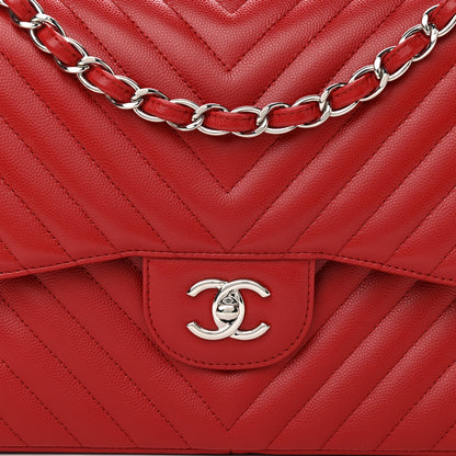 Chanel Caviar Chevron Quilted Jumbo Double Flap Dark Red 8 of 13