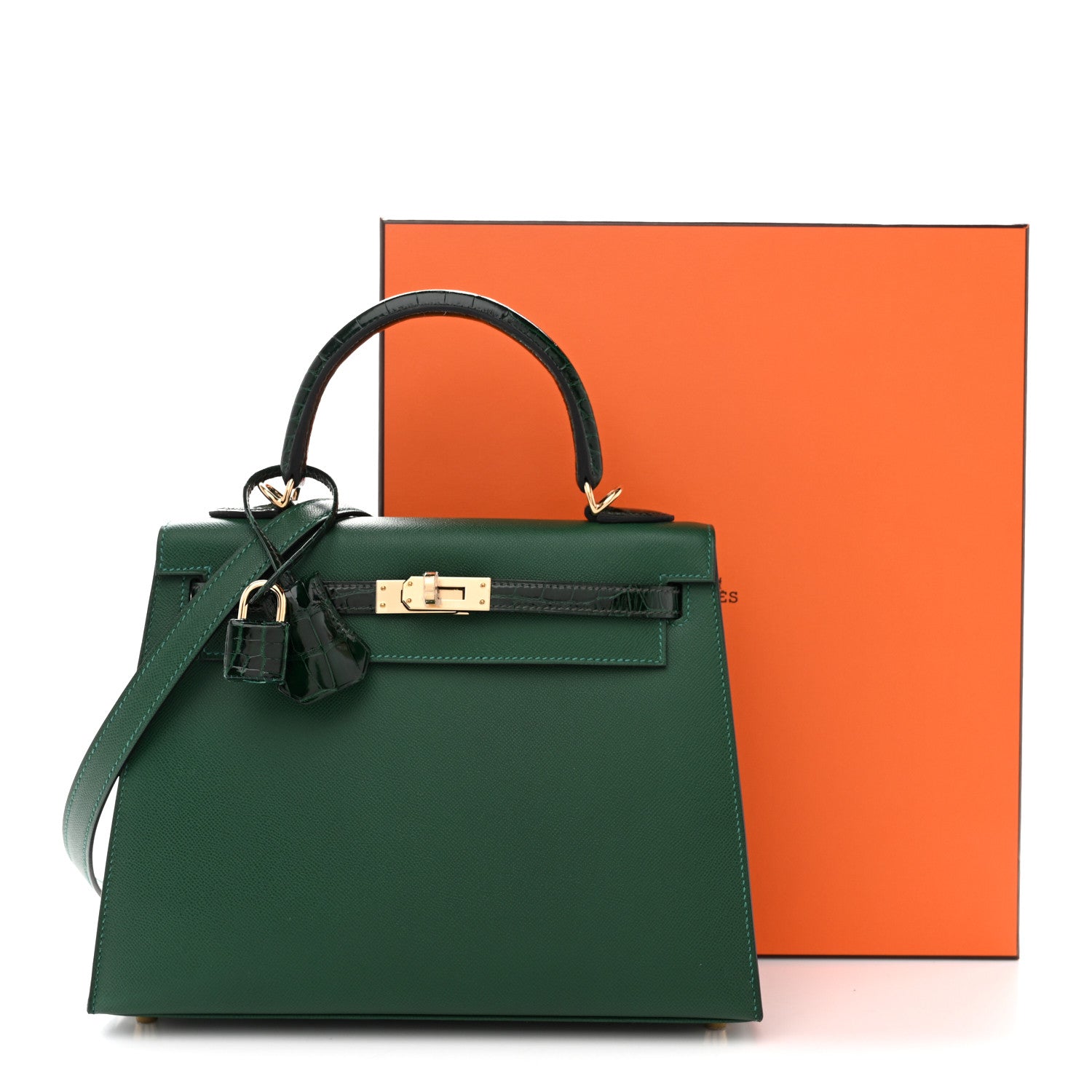 Hermes Madame Calfskin Shiny Alligator Kelly Sellier Touch 25 Vert
