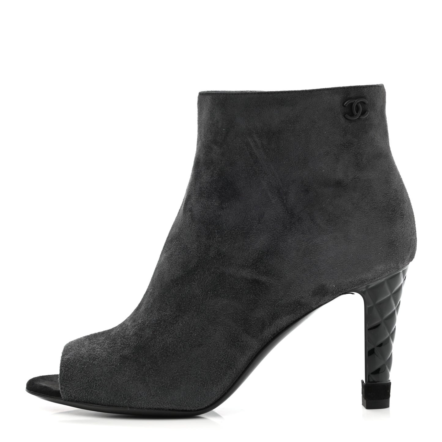Suede Calfskin Patent Quilted Peep Toe Short Boots 37 Dark Grey