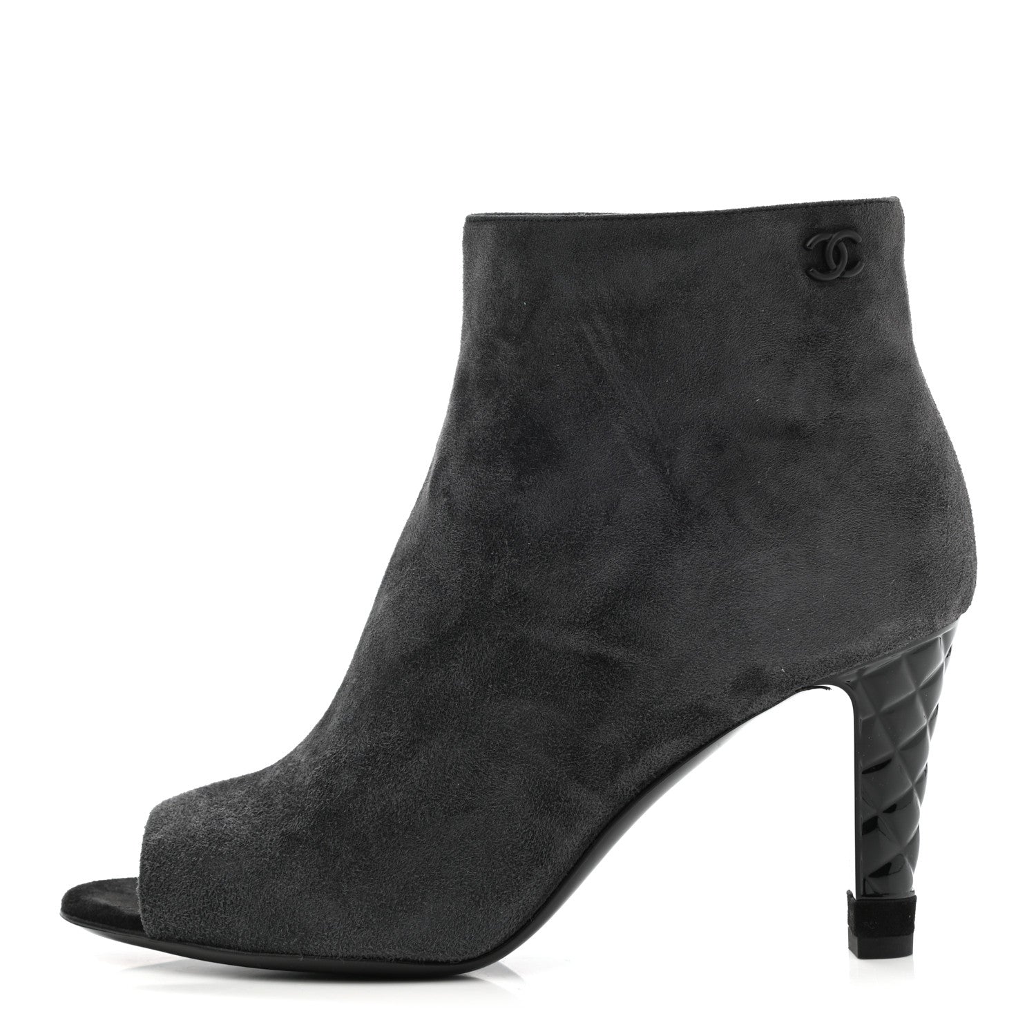 Chanel Suede Calfskin Patent Quilted Peep Toe Short Boots 37 Dark Grey 1 of 9
