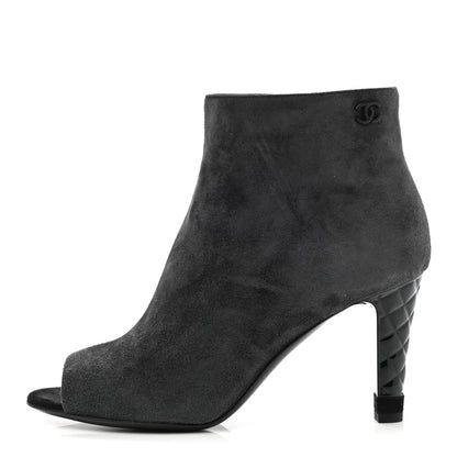 Chanel Suede Calfskin Patent Quilted Peep Toe Short Boots 37 Dark Grey 1 of 9