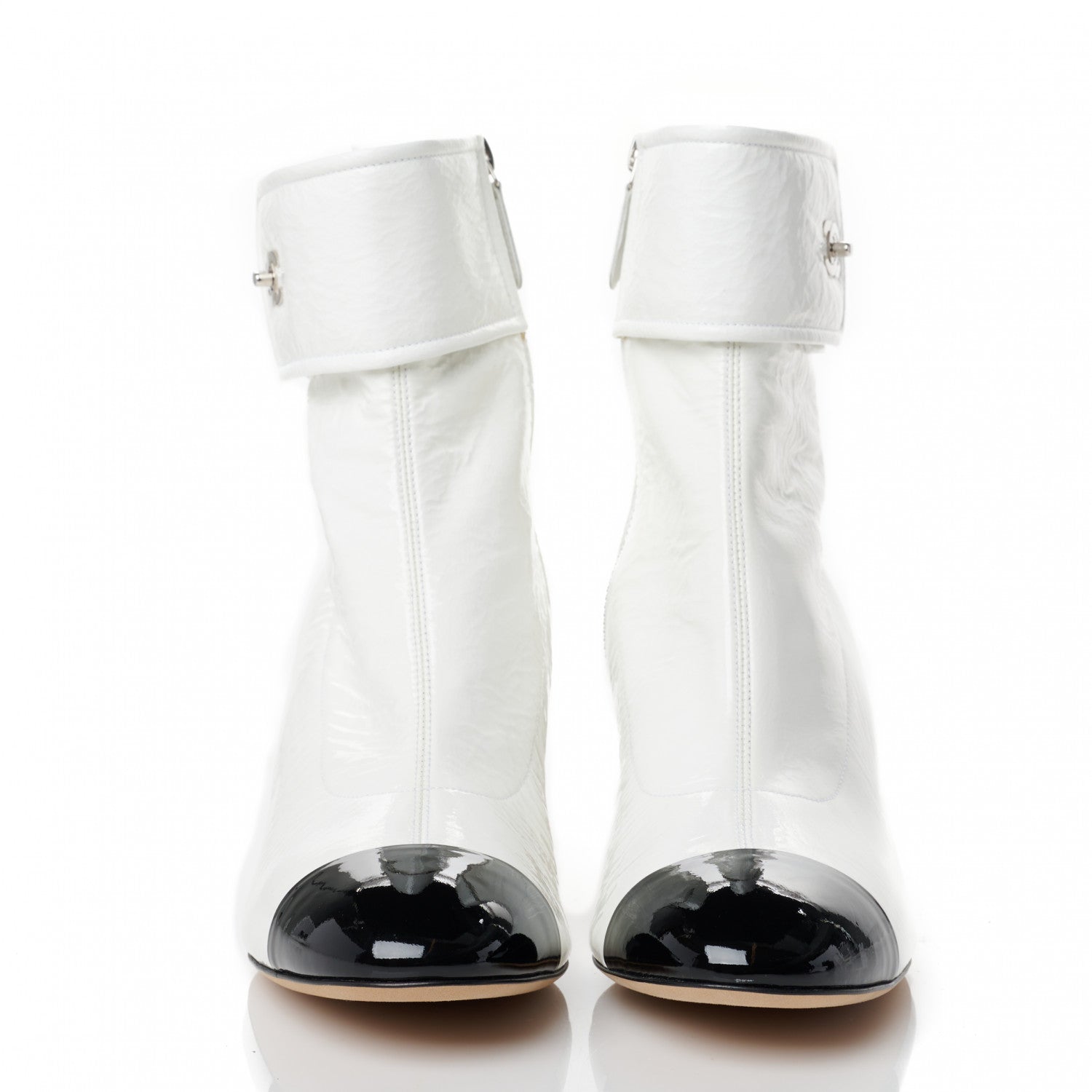 Chanel Crumpled Patent Lambskin Cap Toe CC Turnlock Ankle Boots 40 White Black 2 of 8