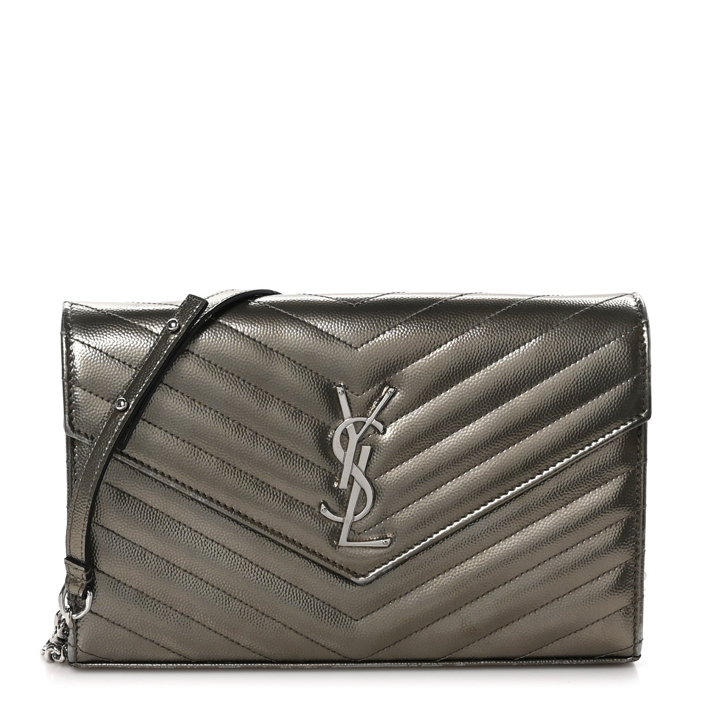 Metallic Grain De Poudre Matelasse Chevron Monogram Envelope Chain Wallet Piombo