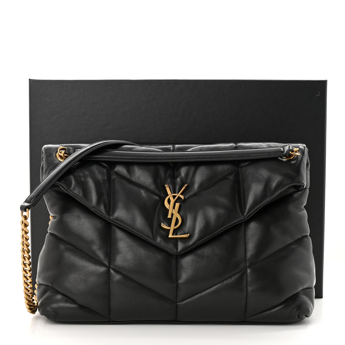 Lambskin Quilted Medium Loulou Puffer Monogram Chain Satchel Black