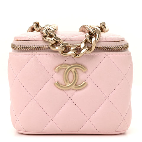 Lambskin Quilted Enamel Coco Mini Vanity Case With Chain Pink