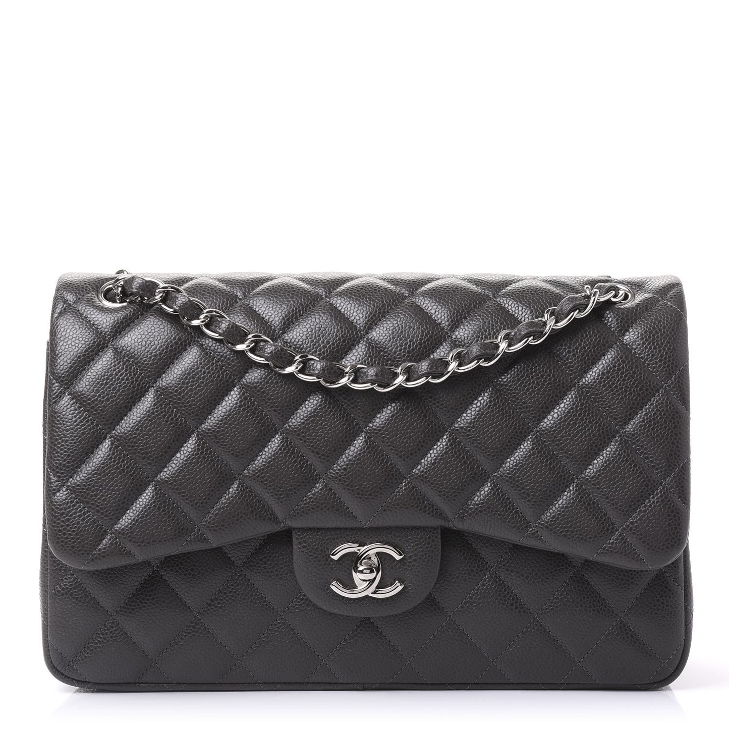 Caviar Quilted Jumbo Double Flap Dark Grey